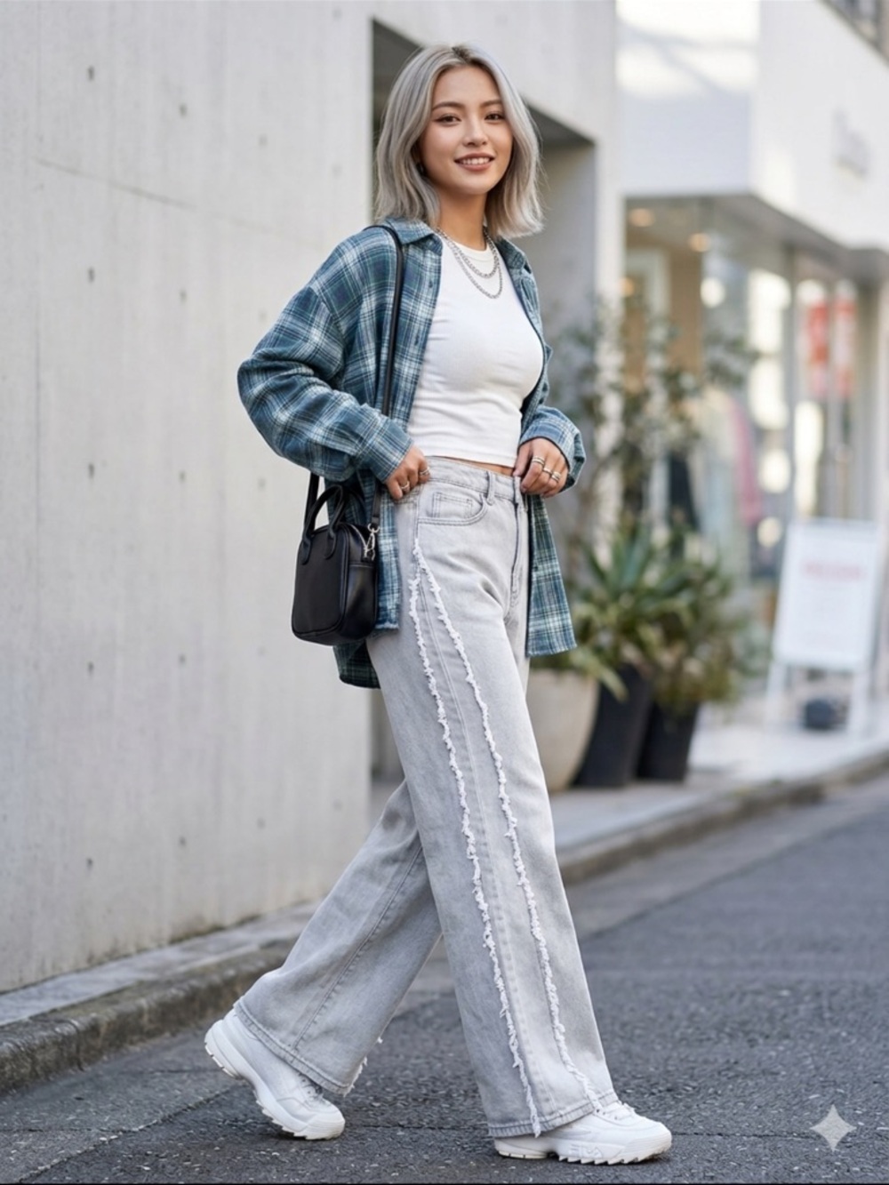 Tinseltown Light Gray Wide Leg Jeans with Distressed Side Trim